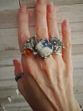 LUC Handmade bat ring with stone size 6-7 adjustable